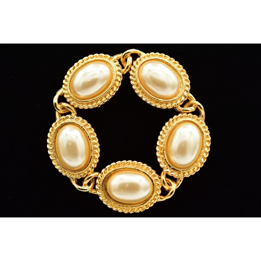 Paquette Vintage Pearl Pin Brooch Gold Tone White Chunky Signed 1980s BinBI